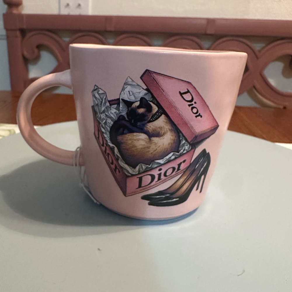 Dior Pink Mug with Cat and Shoe Illustration